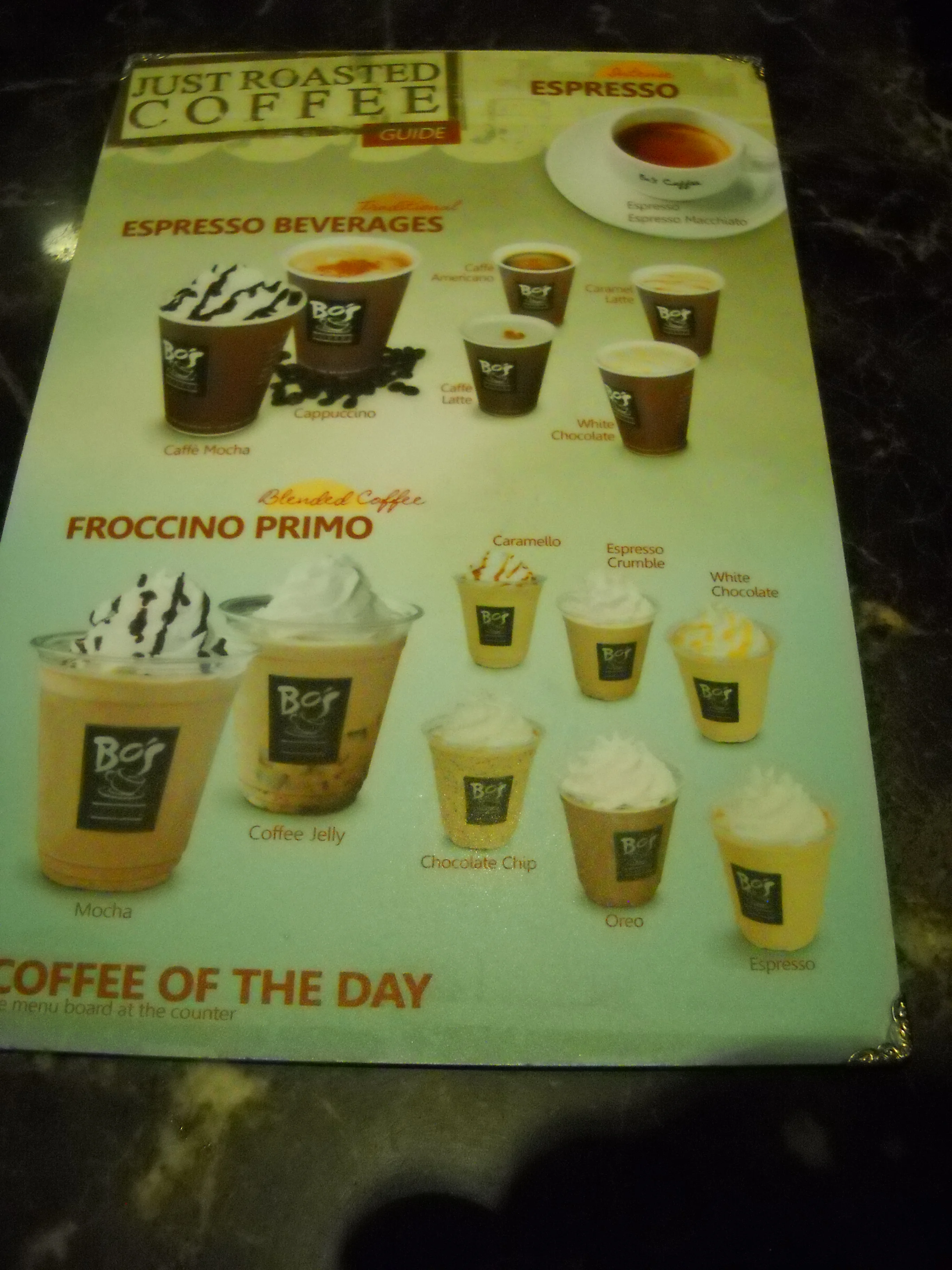 Half of Bo's Coffee menu